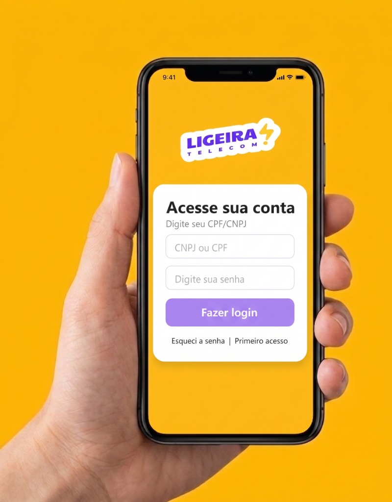 Celular mostrando a Central do Assinante da Ligeira Telecom — Acesse sua conta com CPF/CNPJ e senha